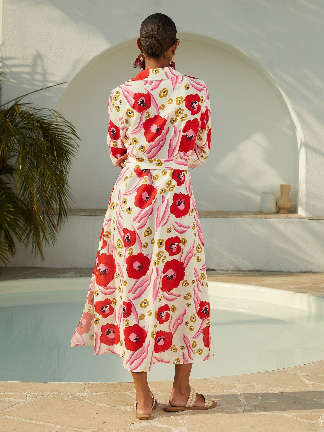 Vacation Blue Floral Straight Linen-Like Shirt Dress