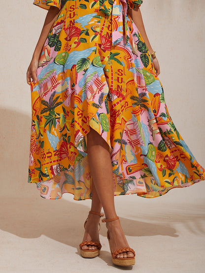 Vacation Beach Print Crisscross Tie Straps Satin Maxi Dress