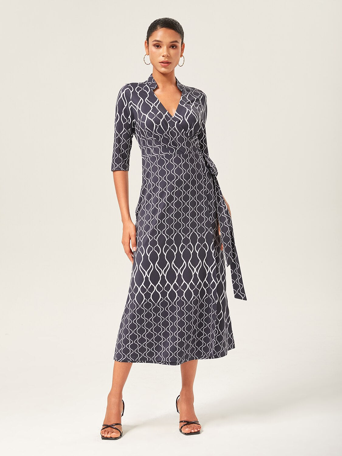 Geometric Print Stretch Satin Wrap Dress
