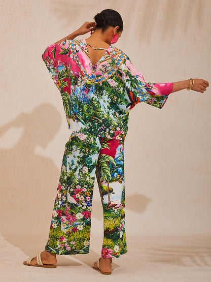 Vacation Jungle Print Dolman Sleeve Satin Top