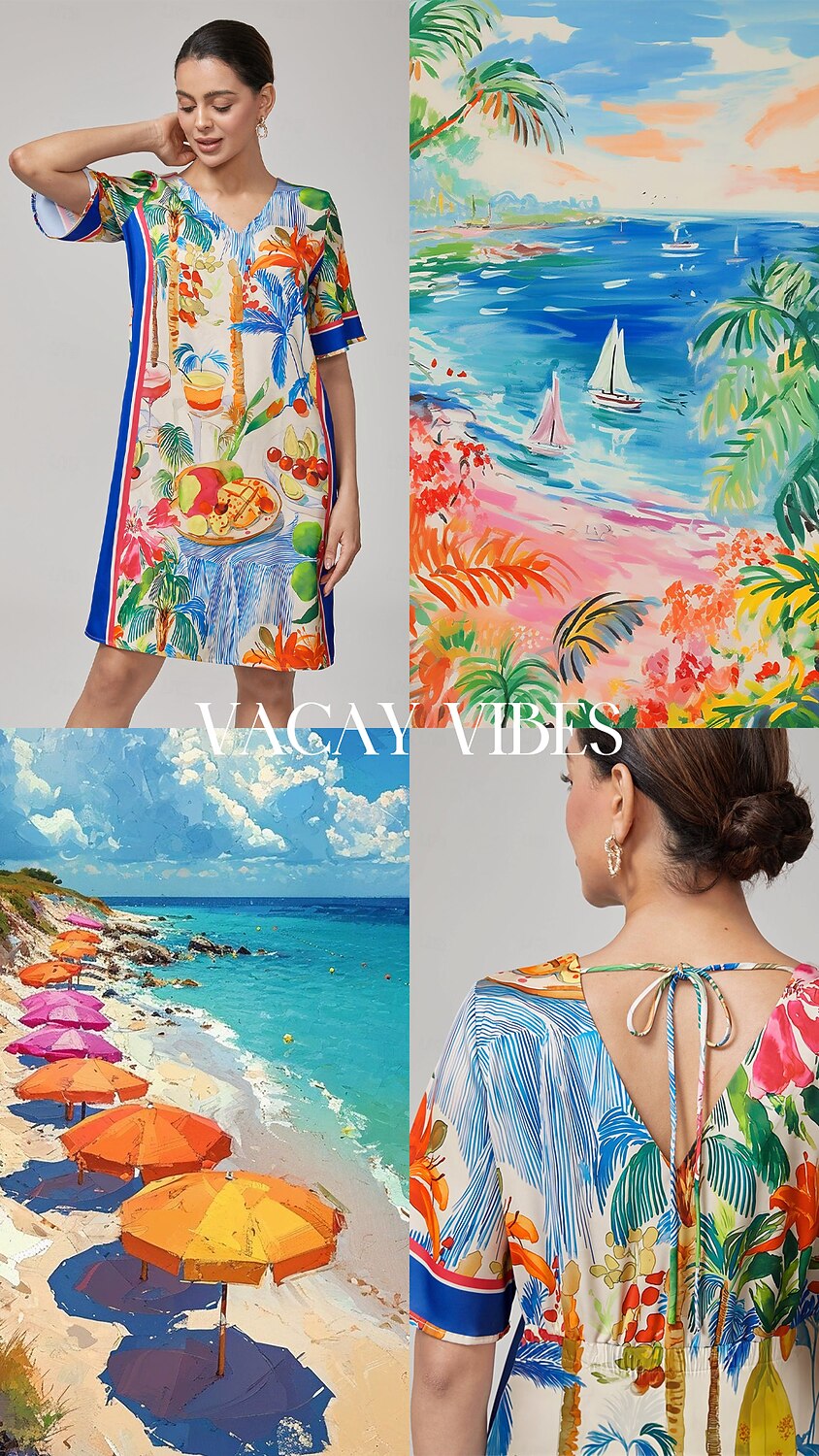 Fruit Floral Straight V-Neck Mini Dress