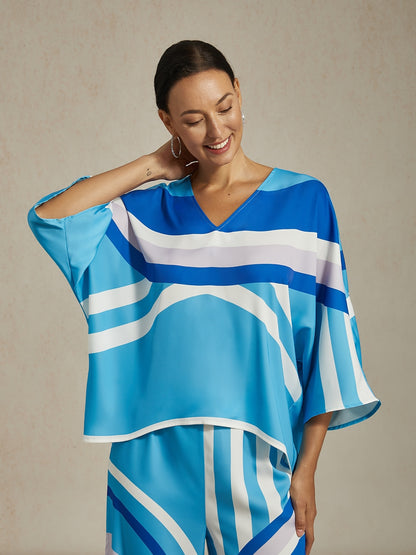 Satin Geometric Pattern Print Poncho Blouse