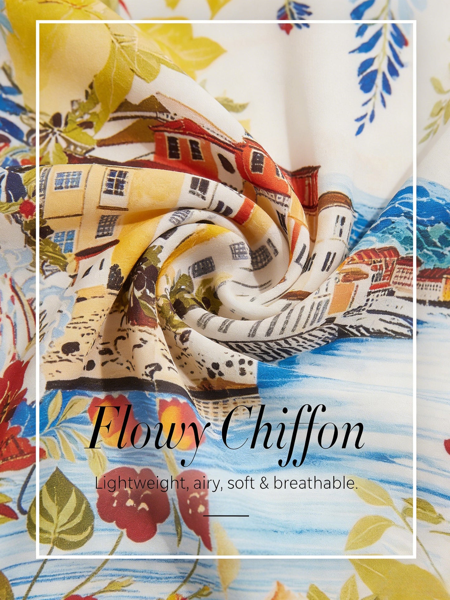 Vacation Scenic Floral Print Dolman Sleeve Chiffon Short Shirt