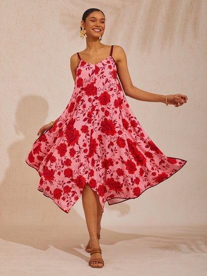 Vacation Pink Floral A-Line Cotton-Like Cami Dress