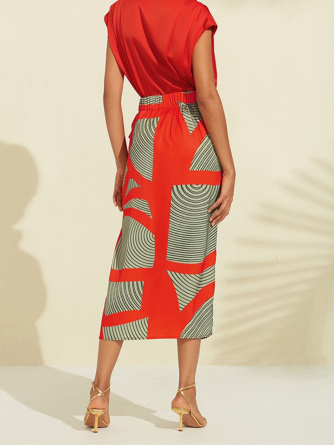 Satin Geometric Print Green Daily Casual Midi Skirt