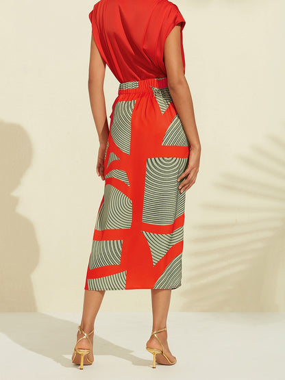 Satin Geometric Print Green Daily Casual Midi Skirt