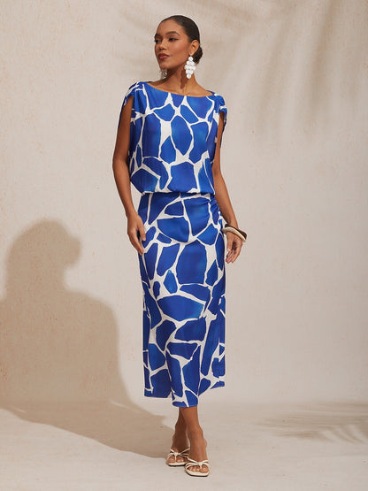 Vacation Geometric Color Block Print Fitted Satin Maxi Dress