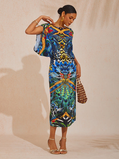 Vacation Jungle Print Fitted Waist Satin Maxi Dress