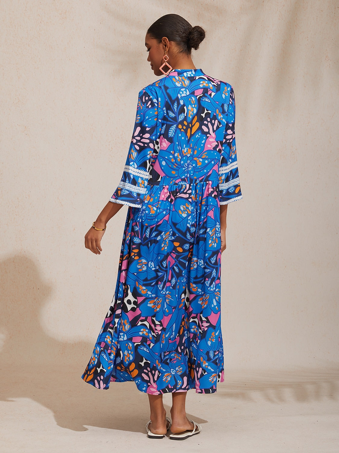 Vacation Abstract Color Dot Floral Loose fit Satin Maxi Dress