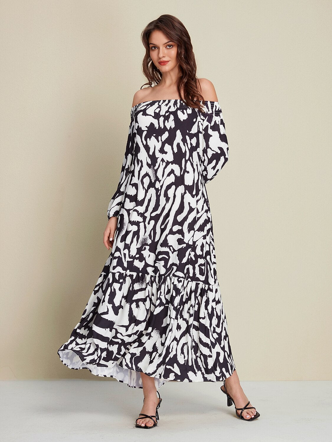 Satin Abstract Graffiti Print Off-Shoulder Maxi Dress