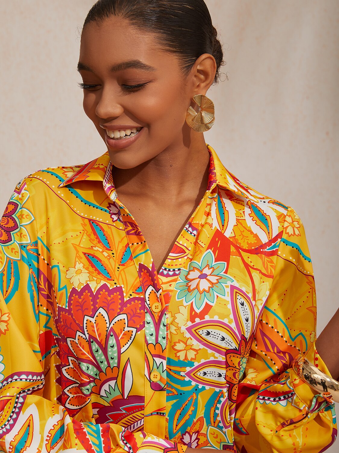 Vacation Yellow Paisley Print Straight Fit Satin Shirt Dress