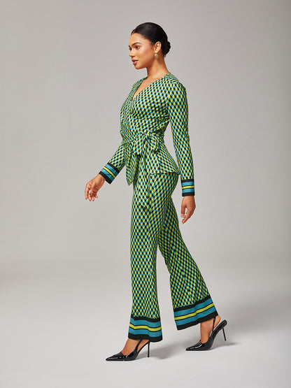 Green Geometric Print High-Stretch Flared Satin Pants