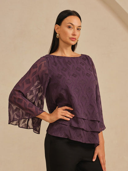 Elegant Flared Sleeves Layered Hem Chiffon Blouse
