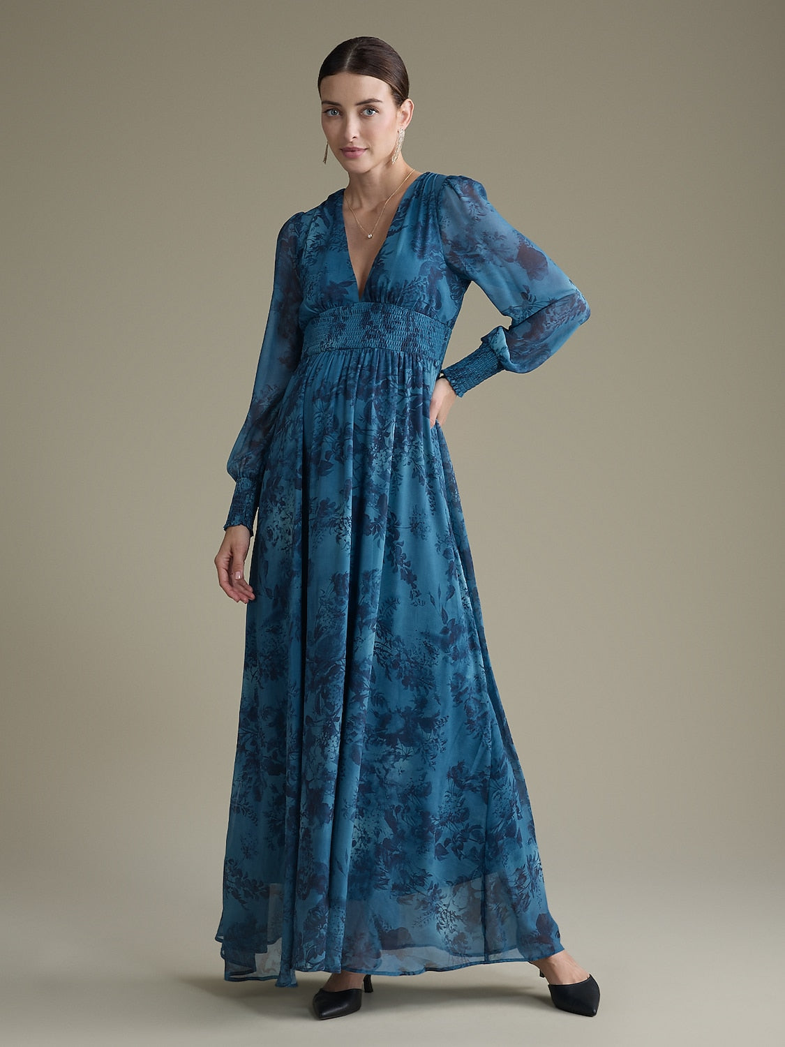 Elegant Floral Print Chiffon Maxi Wedding Guest Dress