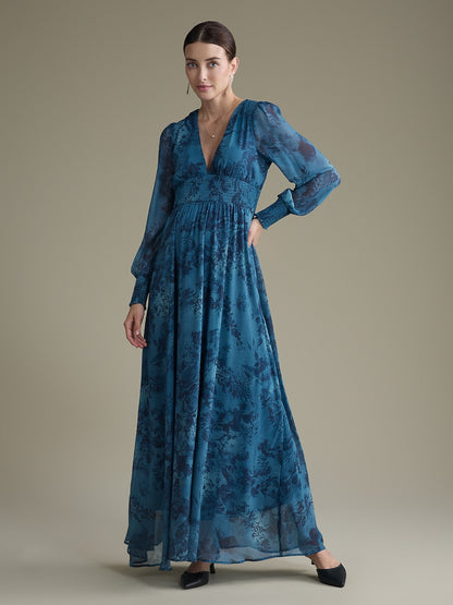 Elegant Floral Print Chiffon Maxi Wedding Guest Dress