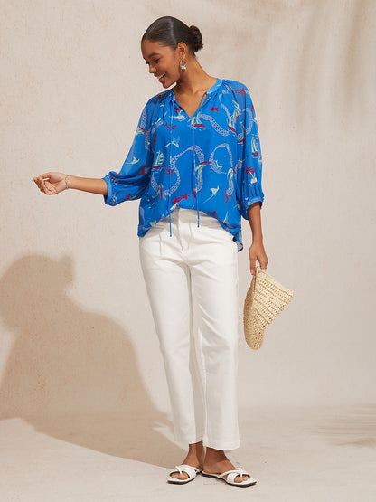 Vacation Ocean Elements Print Loose Chiffon Short Top