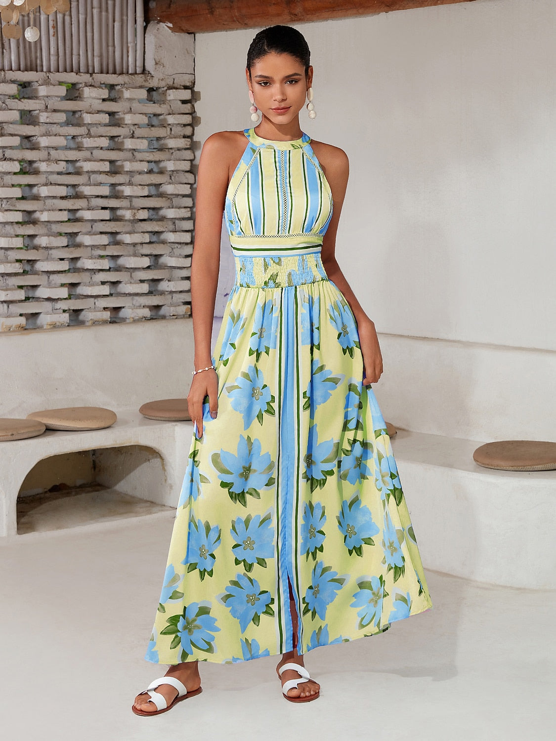 Satin Print Halter Backless Maxi Dress