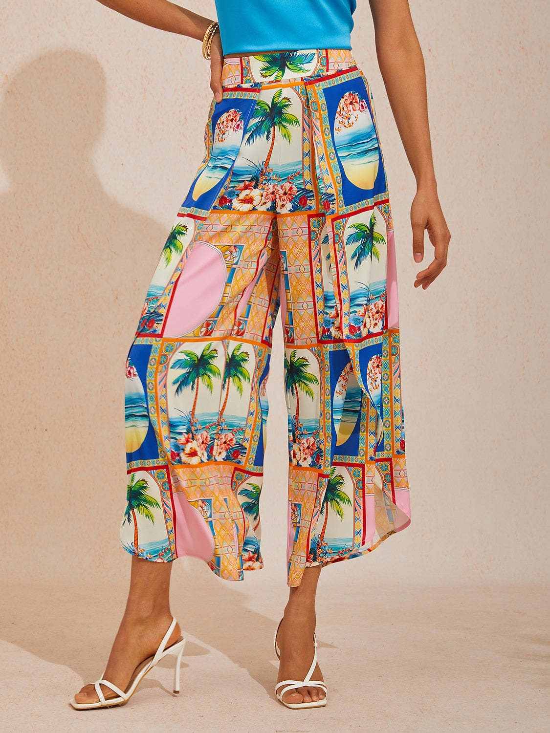 Vacation Geometric Floral Print Curved Hem Cross-over Satin Wide leg Pants