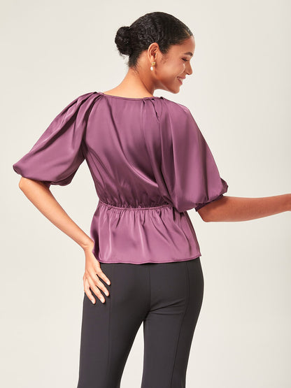V-Neck Puff Sleeve Peplum Top