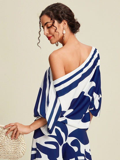 Satin Abstract Puff Sleeve Bateau Blouse