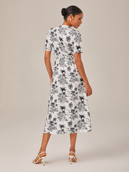 Black & White Beach Print Vacation-Style Midi Dress