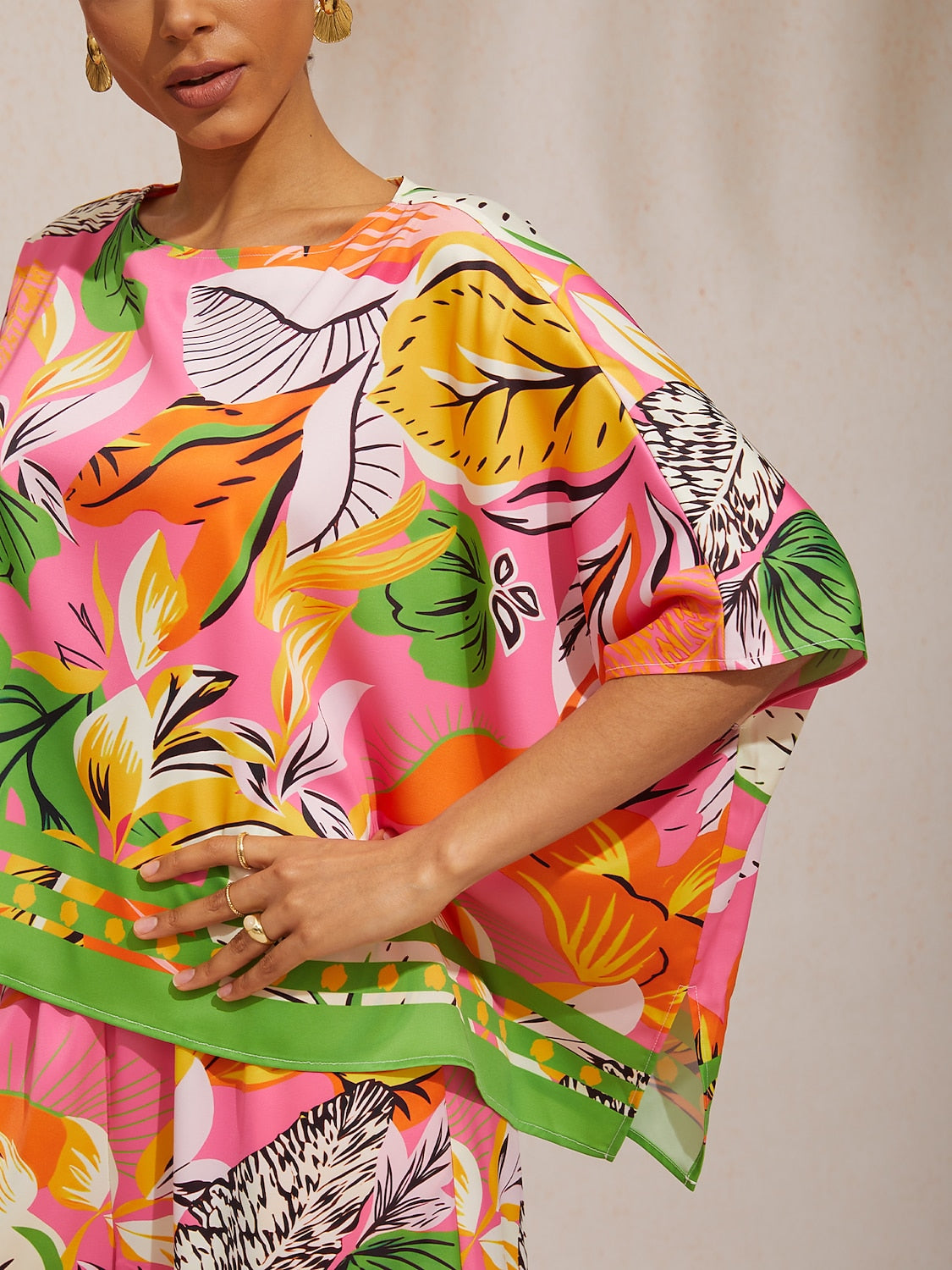 Summer Night Palm Silky Satin Dolman Sleeve Top