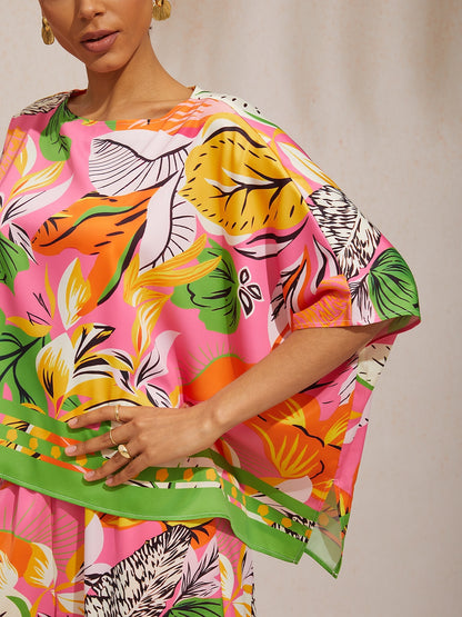 Summer Night Palm Silky Satin Dolman Sleeve Top