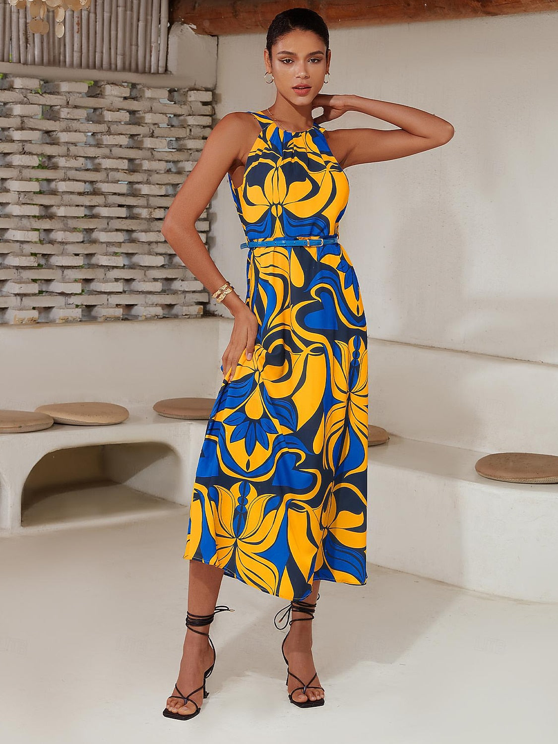 Midi Dress Midi Dress Yellow less Floral Belted Printing High Pattern Dress
