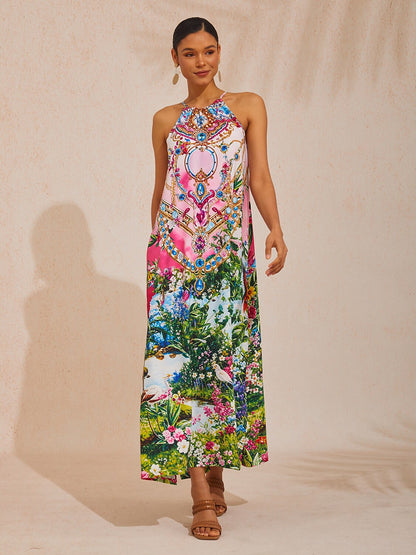 Vacation Jungle Print Sleeveless Loose Satin Maxi Dress