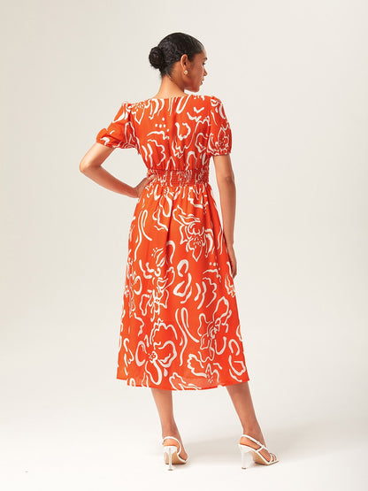 Abstract Art Print Linen-Like Waist-Cinching Maxi Dress