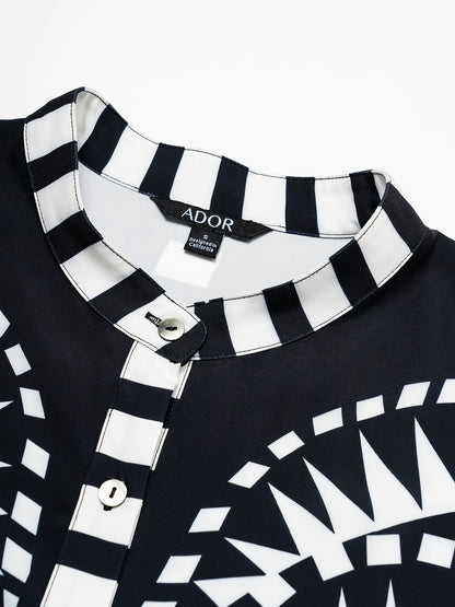 Blouse Black Satin Geometric Print Flare Cuff