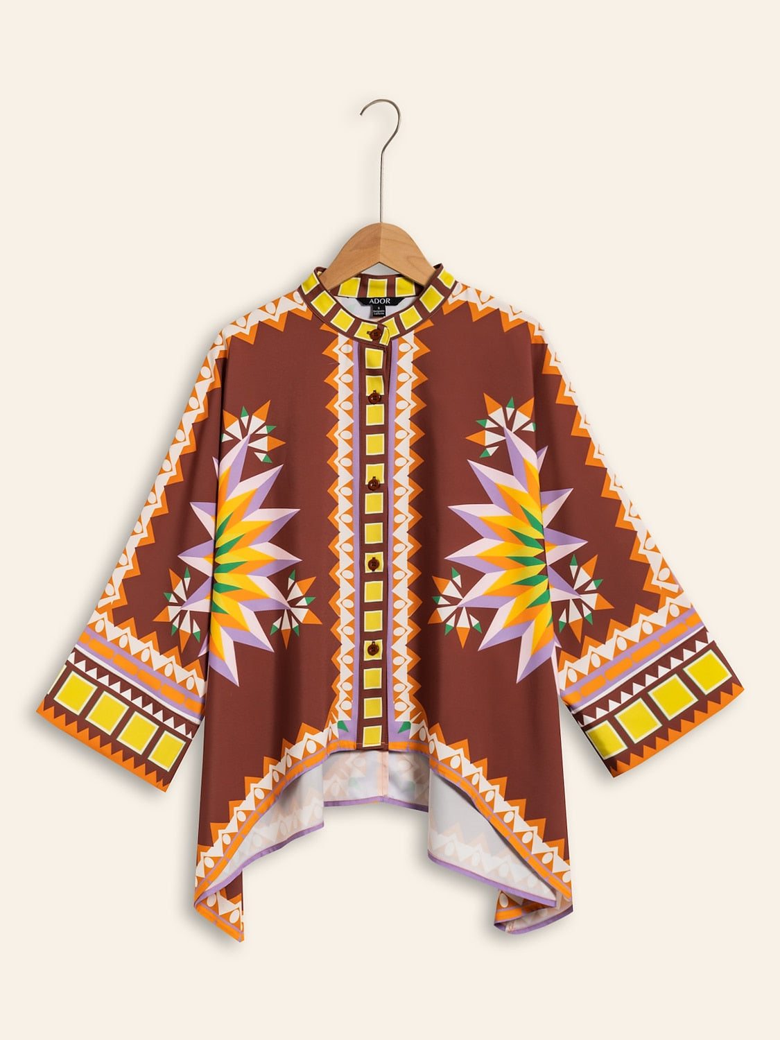 Shirt Brown Bohemian Geometric Graphic Satin Silk