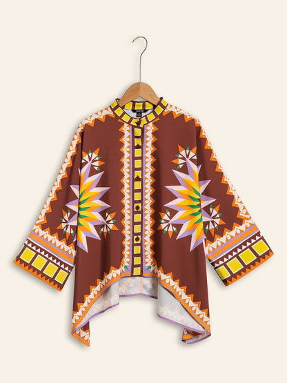 Shirt Brown Bohemian Geometric Graphic Satin Silk