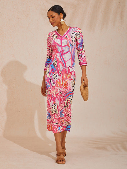 Abstract Leopard Paisley Print High Stretch Knit Maxi Dress