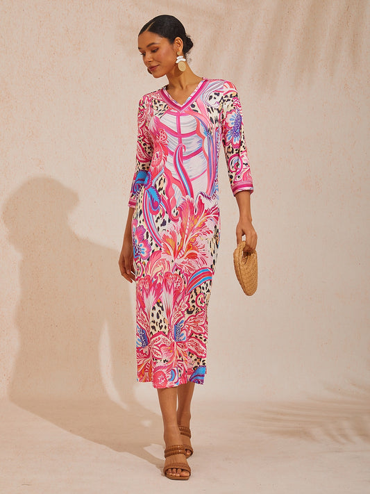 Abstract Leopard Paisley Print High Stretch Knit Maxi Dress