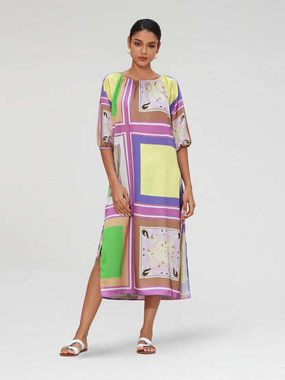 Satin Scarf Geometrical Print Midi Dress