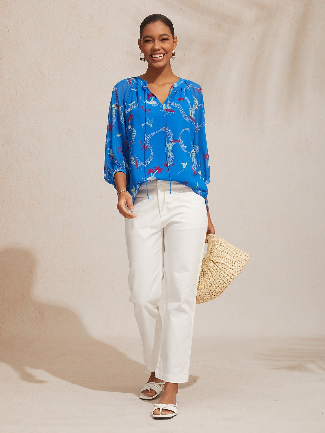 Vacation Ocean Elements Print Loose Chiffon Short Top