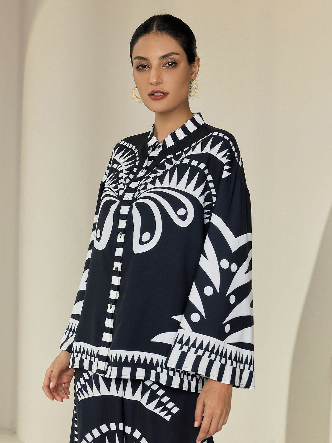 Blouse Black Satin Geometric Print Flare Cuff