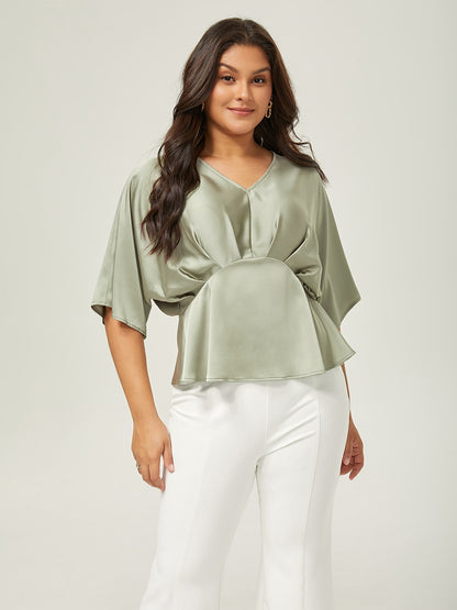 Satin Dolman Sleeve Inverted Pleat V-Neck Top