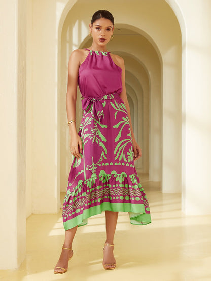 Satin Vacation-Style Geometric Pattern Sleeveless Midi Dress
