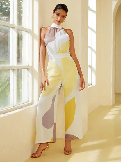 Satin Abstract Pattern Print Twist Jumpsuit