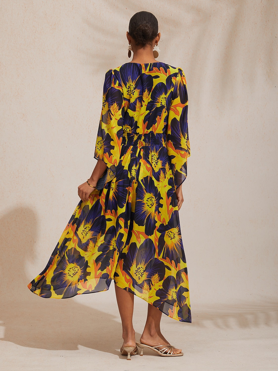 Vacation Abstract Floral Print Waist-defined Chiffon Maxi Dress