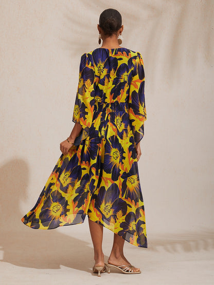 Vacation Abstract Floral Print Waist-defined Chiffon Maxi Dress