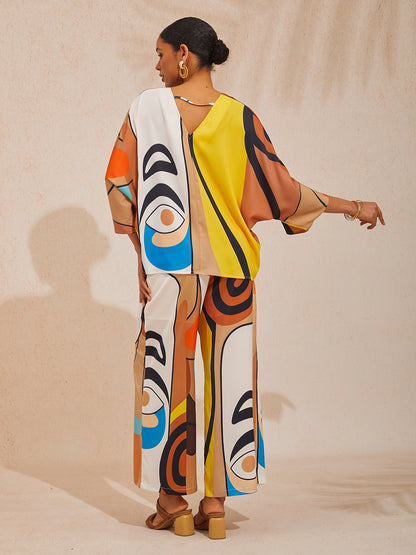 Abstract Art Silky Satin Batwing Sleeve Top