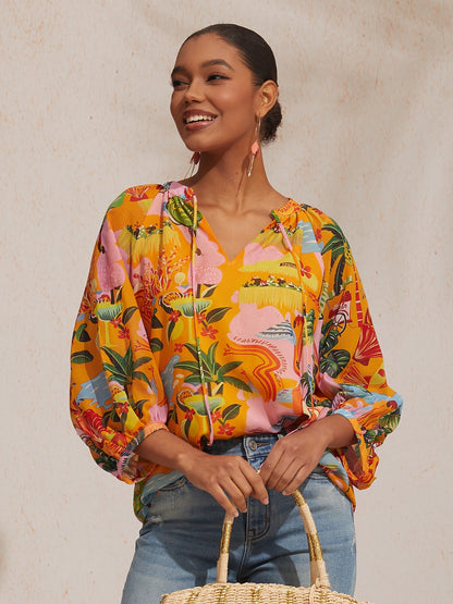 Vacation Beach Element Print Loose fit Chiffon Top