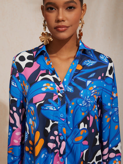 Vacation Abstract Color Dot Floral Straight Satin Shirt Dress