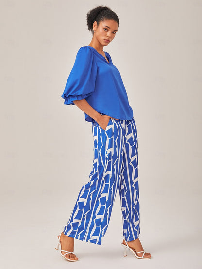 Satin Vacation-Style Solid Blue V-Neck Ruched Top