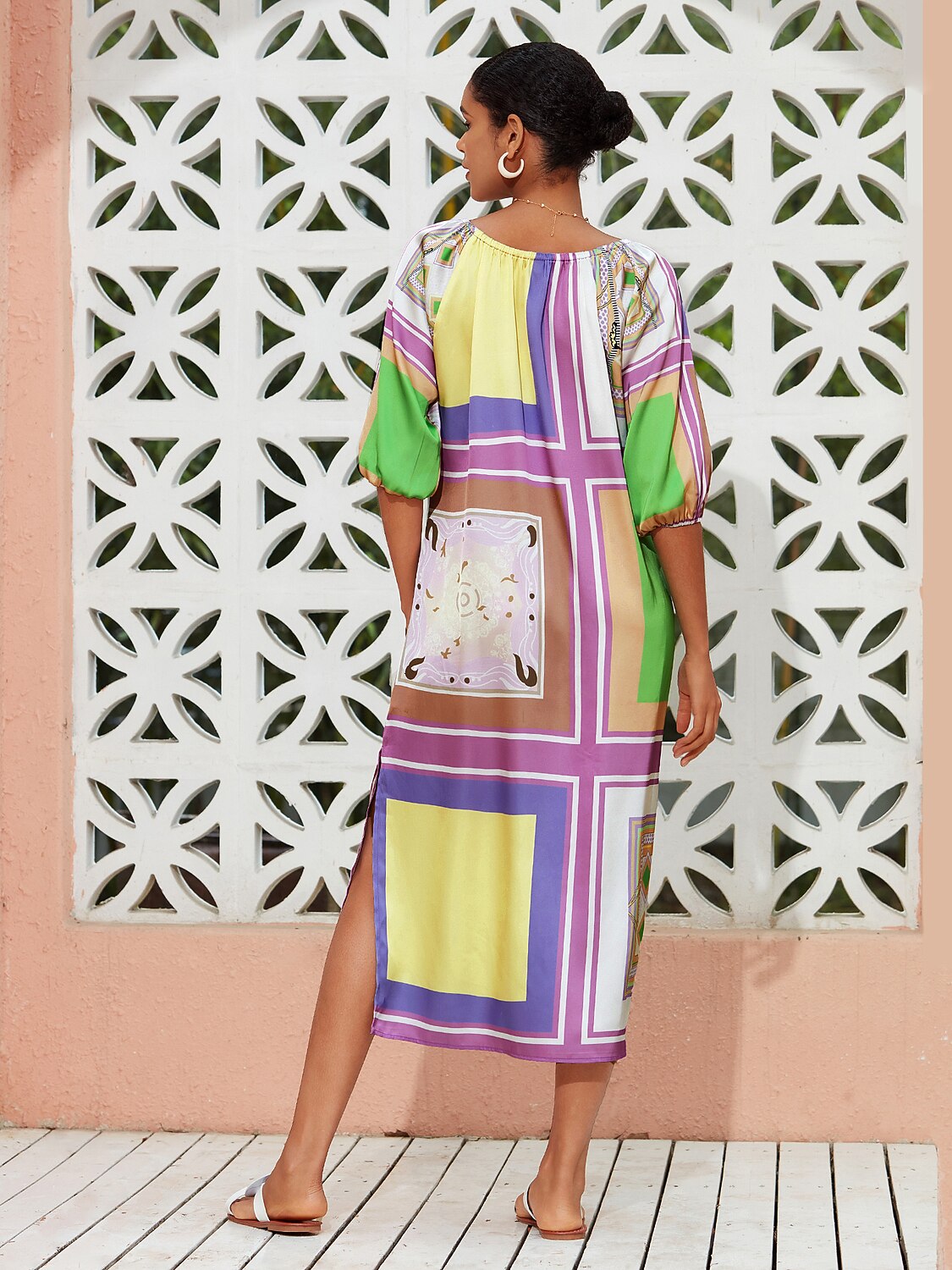 Satin Scarf Geometrical Print Midi Dress