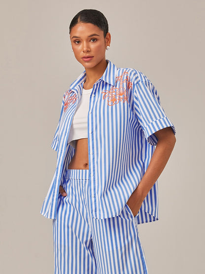 Summer Striped Embroidered Oversized Shirt