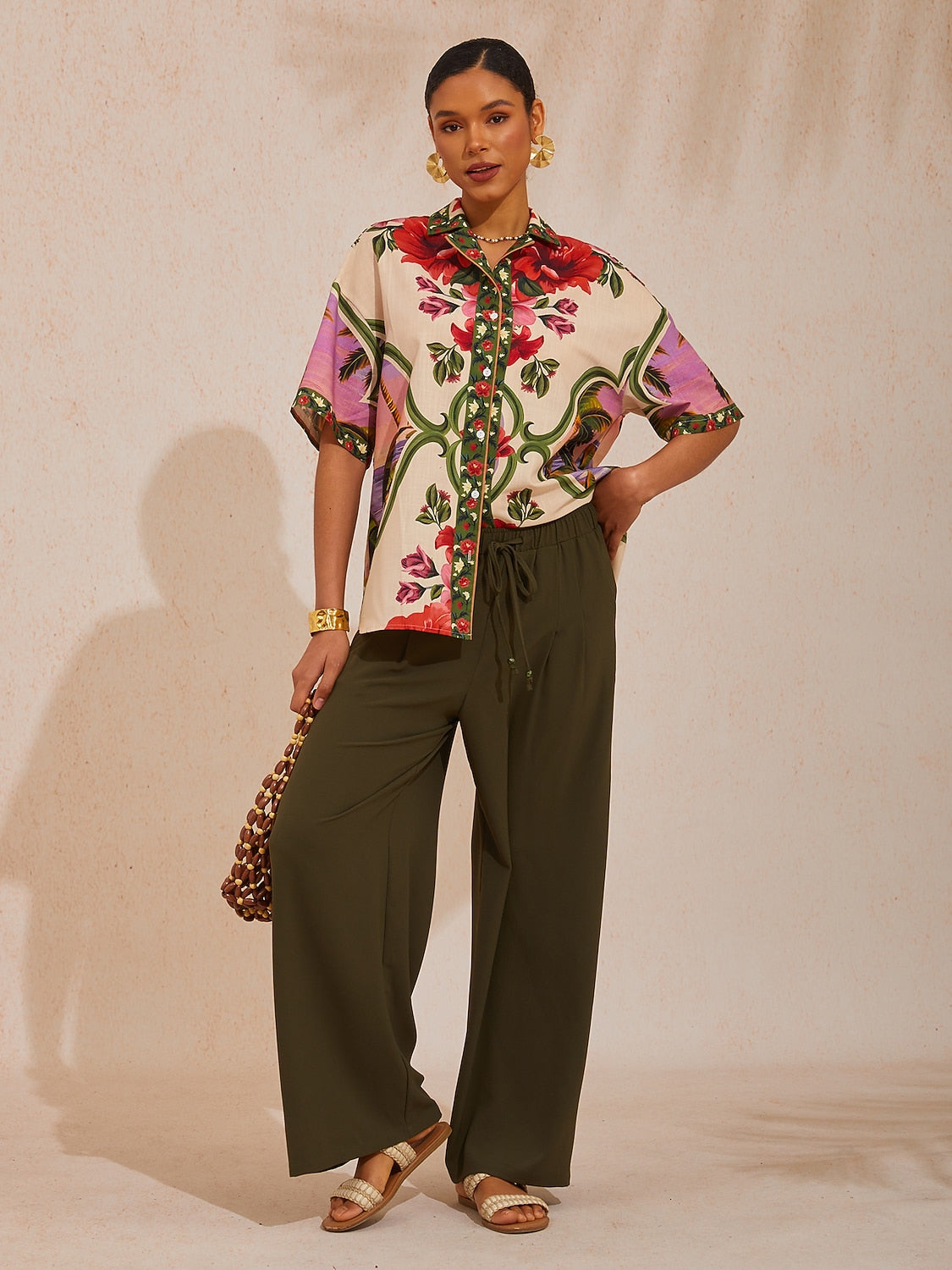 Vacation Placement Floral Turn-down Collar Linen-like Short Sleeve Shirt